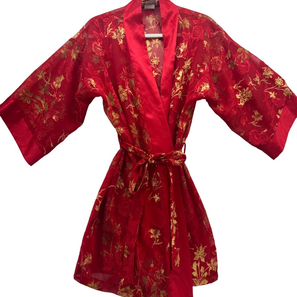 Red Satin Floral Kimono Robe with Gold Accents